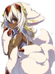 Rule 34 | 1girl, absurdres, animal ears, blonde hair, body fur, breasts, brown eyes, claws, commentary request, dark-skinned female, dark skin, extra arms, faputa, fewer digits, hair between eyes, hand up, highres, long hair, looking at viewer, made in abyss, monster girl, multicolored eyes, multicolored hair, multiple tails, narehate, open mouth, pink pupils, sekaineko 001, sharp teeth, small breasts, solo, tail, teeth, two-tone eyes, two-tone hair, white background, white fur, white hair, yellow eyes