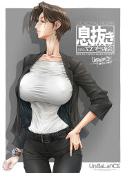 1girl black_jacket black_pants breasts brown_hair hair_intakes impossible_clothes impossible_shirt jacket large_breasts long_neck original otokomaene-san_(unbalance) pants shirt short_hair unbalance watch white_shirt wristwatch