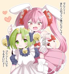 2girls absurdres angry animal_hat apron bell blue_dress cat_hat dejiko di_gi_charat dice_hair_ornament dress food food_on_face food_theft green_eyes green_hair hair_bell hair_ornament hat highres ichigo_to_marugao long_hair multiple_girls open_mouth pink_hair puffy_short_sleeves puffy_sleeves red_eyes short_sleeves translation_request twintails usada_hikaru very_long_hair white_apron