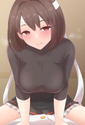 1boy 1girl absurdres admiral_(kancolle) black_skirt blush bodystocking breasts brown_hair cowgirl_position frilled_skirt frills girl_on_top hachimaki headband heavy_breathing hetero highres hyuuga_(kancolle) implied_sex indoors kantai_collection koumei_(twinameless) large_breasts looking_at_viewer pleated_skirt pov red_eyes short_hair skirt smile solo straddling sweat white_headband