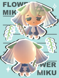 3d absurdres alternate_costume alternate_hair_color alternate_hairstyle blush chibi chibi_only commentary dress english_commentary flower hair_flower hair_ornament hatsune_miku highres lavy_(lavnko) lily_of_the_valley long_hair twintails vocaloid