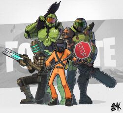 Rule 34 | 4boys, absurdres, assault rifle, assault visor, belt, black belt, black footwear, boots, bullpup, chainsaw, commentary, crossover, dead space, doom (2016), doom (series), doomguy, english commentary, fortnite, green helmet, gun, halo (series), helmet, highres, holding, holding chainsaw, holding gun, holding weapon, isaac clarke, jumpsuit, lethal company, ma5, male focus, master chief, multiple boys, on one knee, orange jumpsuit, rifle, road sign, sign, sleak, spartan (halo), stop sign, weapon, worker (lethal company)