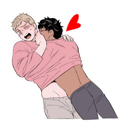 2boys black_hair blonde_hair commentary cowboy_shot daki_info dark-skinned_male dark_skin dungeon_meshi highres hug kabru laios_touden male_focus midriff multiple_boys pink_shirt pushing_away shared_clothes shared_shirt shirt short_hair simple_background symbol-only_commentary white_background yaoi
