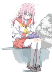 Rule 34 | 1girl, aged down, amaori renako, black shoes, black socks, bush, commentary request, full body, furoshiki, highres, ishii hisao, kneehighs, loafers, long hair, long sleeves, looking at viewer, messy hair, pink eyes, pink hair, pleated skirt, red sailor collar, red skirt, sailor collar, school uniform, serafuku, shirt, shoes, sitting, skirt, small sweatdrop, socks, solo, watashi ga koibito ni nareru wake naijan murimuri!, wavy mouth, white shirt, wrapped bento