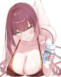 1girl animal_print bikini blush bottle breasts hanahane(haruu) heterochromia highres holding holding_bottle hololive houshou_marine large_breasts legs_up looking_at_viewer lotion lying nail_polish on_stomach rabbit_print red_bikini red_eyes red_hair simple_background sunscreen swimsuit white_background yellow_eyes