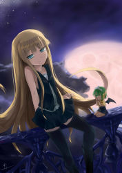 00s balcony bat_wings blonde_hair blue_eyes chachazero evangeline_a.k._mcdowell green_eyes green_hair mahou_sensei_negima! moon railing sinzan vampire wings