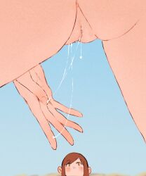 Rule 34 | 2girls, after masturbation, anus, asimov (spindle (aidenr0)), between legs, blue sky, brown eyes, brown hair, close-up, highres, multiple girls, no mouth, original, ottilie (spindle (aidenr0)), outdoors, pussy, pussy focus, pussy juice, pussy juice trail, sky, spindle (aidenr0), uncensored, yuri