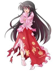 1girl alphes_(style) black_hair blush collar commentary_request dairi defeat frilled_collar frills full_body highres houraisan_kaguya large_variant_set long_hair looking_at_viewer open_mouth parody pink_shirt red_eyes red_skirt shirt skirt socks solo style_parody sweatdrop tachi-e torn_clothes torn_shirt torn_skirt touhou transparent_background variant_set white_collar white_socks wide_sleeves