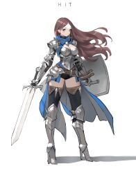 1girl absurdres armor armored_boots arms_at_sides arowana2111 black_leotard blue_eyes boots breasts brown_hair cleavage cleavage_cutout clothing_cutout commentary couter english_commentary faulds full_body high_heel_boots high_heels highres holding holding_shield holding_sword holding_weapon large_breasts leotard leotard_under_clothes long_hair looking_at_viewer original over-kneehighs pauldrons rerebrace revealing_clothes shadow shield shoulder_armor solo sword thighhighs vambraces weapon
