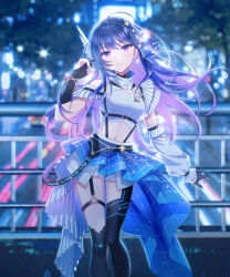 1girl blurry blurry_background gloves highres idolmaster idolmaster_va-liv kamizuru_cosmo multicolored_hair navel official_art partially_fingerless_gloves purple_eyes purple_hair short_shorts shorts solo