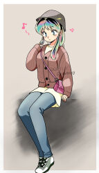 01angelegg 1girl 2024 blue_pants border brown_cardigan cardigan casual green_eyes green_hair grey_background grey_hat hat highres invisible_chair long_sleeves lum multicolored_hair outside_border pants shoes sitting sleeves_past_wrists solo twitter_username urusei_yatsura watermark white_border white_shoes