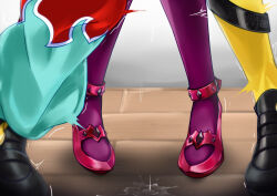 absurdres asymmetrical_legwear black_shoes commentary english_commentary hakos_baelz hakos_baelz_(1st_costume) highres hololive hololive_english implied_fingering irys_(hololive) irys_(irys_2.0)_(hololive) kneehighs legs_apart lower_body mea_(manami030) mismatched_legwear pantyhose purple_pantyhose pussy_juice pussy_juice_puddle red_shoes shoes single_kneehigh single_loose_sock single_sock socks strappy_heels virtual_youtuber wooden_floor yuri