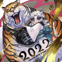 1girl 2022 :o absurdres akefumi animal animal_ear_fluff animal_ears black_hair blue_eyes chinese_zodiac commentary commentary_request english_commentary fur-trimmed_kimono fur_trim hair_ornament hairclip happy_new_year highres holding holding_animal japanese_clothes kimono long_sleeves medium_hair mixed-language_commentary multicolored_hair new_year obi obijime open_mouth original parted_bangs sash tail tiger tiger_ears tiger_girl tiger_tail two-tone_hair white_hair white_kimono wide_sleeves year_of_the_tiger