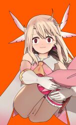 1girl 3d @_@ anus ass blonde_hair blush cleft_of_venus closed_mouth constricted_pupils dress fate_(series) gloves illyasviel_von_einzbern long_hair nose orange_background pink_eyes pink_thighhighs pussy shadow simple_background solo spekyu tears thighhighs uncensored