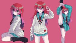 1girl absurdres alternate_hairstyle amate_yuzuriha aqua_shirt aqua_skirt black_boots black_necktie boots collared_shirt commentary english_commentary grey_socks gundam gundam_gquuuuuux hair_between_eyes highres holding leg_up long_hair long_sleeves multiple_expressions multiple_views necktie red_background red_hair red_necktie rraiden2_(szsv8382) school_uniform shirt simple_background sitting skirt socks split standing standing_on_one_leg standing_split striped_necktie sweater two-tone_necktie underwear wariza white_sweater