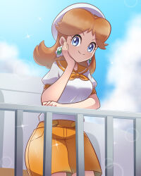 1girl against_railing blue_eyes blue_sky breasts brown_hair closed_mouth cloud commentary_request day earrings eyelashes flower_earrings hand_on_own_face hat highres jewelry lens_flare long_hair mario_(series) medium_breasts nintendo orange_sailor_collar orange_shorts outdoors princess_daisy railing sailor_collar saon101 shirt short_sleeves shorts sky smile solo sparkle white_hat white_shirt