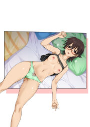 1girl absurdres blush bow bow_panties breasts brown_eyes brown_hair clothes_lift from_above glasses gluteal_fold green_panties highres k-on! looking_at_viewer lying manabe_nodoka mitarashi_kousei navel nipples on_back open_mouth panties pillow red-framed_eyewear semi-rimless_eyewear shirt_lift short_hair signature small_breasts solo sweat tank_top under-rim_eyewear underwear