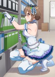 1girl arm_garter blush breasts brown_hair cabinet choker commentary_request dress file_cabinet folder frilled_choker frills gloves high_heels highres holding holding_folder idolmaster idolmaster_cinderella_girls indoors kamille_(vcx68) light_smile medium_breasts on_one_knee pearl_choker profile senkawa_chihiro shoes sideboob solo starry_sky_bright_(idolmaster) strapless strapless_dress thighhighs tiara white_dress white_gloves white_shoes white_thighhighs whiteboard