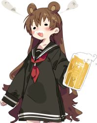 1girl alcohol animal_ears bear_ears beer beer_mug black_dress black_sailor_collar blush brown_hair cup dress foam_mustache hair_between_eyes holding holding_cup karei long_hair long_sleeves mug neckerchief red_neckerchief sailor_collar sailor_dress simple_background sleeves_past_wrists solo tsukuyomi_ai very_long_hair voiceroid white_background