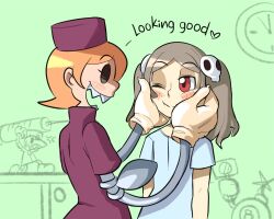 avery_(skullgirls) bloody_marie_(skullgirls) candy food gloves hat highres hospital_gown latex latex_gloves lollipop nalfirstart nurse nurse_cap peacock_(skullgirls) skullgirls syringe yuri