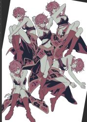 1girl arms_behind_head artist_request boots highres hugging_own_legs jojo_no_kimyou_na_bouken lying multiple_views on_side pink_hair sitting trish_una