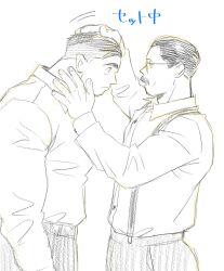 Rule 34 | 2boys, adjusting another&#039;s hair, arm hair, bara, billy russell (dickfish), cowboy shot, dickfish (fishismdick), eye contact, facial hair, formal clothes, from side, greyscale, hair slicked back, highres, john rottweil (dickfish), large pectorals, looking at another, male focus, mature male, monochrome, motion lines, multiple boys, muscular, muscular male, mustache, mustache stubble, necktie, original, pectorals, profile, short hair, sketch, standing, stubble, thick eyebrows, translation request, undone necktie, yaoi