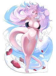 1girl android_21 blue_eyes bra bra_only breasts chocolate colored_skin dragon_ball featureless_crotch feet food frosting fruit huge_breasts large_breasts long_hair molutw pink_skin strawberry tail thigh_gap underwear white_hair