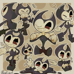 Rule 34 | +++, 1boy, :p, adjusting bowtie, bendy, bendy and the ink machine, black footwear, black tongue, border, bow, bowtie, brown background, brown eyes, closed eyes, closed mouth, commentary request, crying, crying with eyes open, demon boy, demon tail, english text, flying sweatdrops, full body, gloves, grey border, grey outline, grin, hand on own hip, ink, kimoti omoti, knees up, male focus, multiple views, one eye closed, outline, outside border, pac-man eyes, simple background, sitting, smile, speech bubble, squiggle, standing, star (symbol), tail, tears, tongue, tongue out, twitter username, uneven eyes, waving, white bow, white bowtie, white gloves