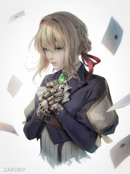 1girl artist_name ascot belt belt_buckle blonde_hair blue_eyes blue_jacket bolo_tie braid braided_bun brooch buckle chest_belt closed_mouth commentary cropped_jacket cropped_torso crying crying_with_eyes_open dress envelope gem green_brooch green_gemstone hair_between_eyes hair_bun hair_intakes hair_ribbon hands_on_own_chest highres jacket jewelry juliet_sleeves lapel_pin lapels letter lips long_sleeves looking_down mechanical_hands medium_hair necklace nose notched_lapels own_hands_together prosthesis prosthetic_hand puffy_sleeves red_ribbon ribbon side_braid simple_background solo streaming_tears tears upper_body violet_evergarden violet_evergarden_(series) white_ascot white_background white_dress zarory