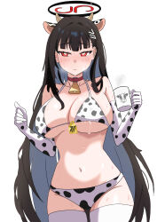 1girl absurdres alternate_costume animal_ears animal_print averting_eyes bell bikini black_hair blue_archive blunt_bangs blush breast_milk breasts breath bright_pupils commentary cow_ears cow_horns cow_print cow_print_bikini cow_print_gloves cowboy_shot cup elbow_gloves fake_animal_ears fake_horns gloves halo highres holding holding_cup horns lactation large_breasts long_hair midang mug navel neck_bell print_bikini print_gloves red_eyes ringed_eyes rio_(blue_archive) simple_background solo steam stomach straight_hair sweat swimsuit thighhighs very_long_hair white_background white_pupils white_thighhighs