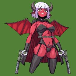 1girl astaria_(miss_neko) black_cape black_thighhighs blunt_bangs bob_cut cape clothing_cutout colored_skin commentary commission counter-strike_(series) counter-strike_2 cowboy_shot demon_girl demon_horns demon_wings dual_wielding english_commentary garter_straps green_background grey_horns grin gun h&amp;k_usp handgun heart heart-shaped_pupils highres holding holding_gun holding_weapon horns hugo_(rushbordie) looking_at_viewer miss_neko navel pubic_tattoo red_cape red_eyes red_skin red_wings short_hair simple_background smile solo stomach_cutout suppressor symbol-shaped_pupils tattoo thighhighs two-sided_cape two-sided_fabric weapon white_hair wings