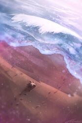 animal artist_name blurry_edges day footprints from_above landscape no_humans ocean original outdoors scenery sea_turtle shore signature surf turtle zandra
