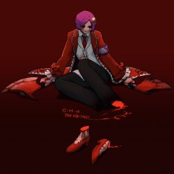 1other axe blood bloody_tears center_frills closed_mouth coat collared_shirt disembodied_foot e.g.o_(project_moon) employee_(project_moon) eyeball frills grey_shirt highres holding holding_axe jacket lobotomy_corporation looking_at_viewer necktie nugget_(project_moon) project_moon red_background red_coat red_necktie red_shoes sanguine_desire_(e.g.o) shirt shoes simple_background smile solo the_red_shoes_(project_moon) white_jacket yatsumeunagi