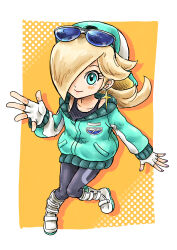 1girl backwards_hat black_pants black_shirt blonde_hair blue_eyes blush earrings eyelashes eyewear_on_head fingerless_gloves full_body gloves hair_over_one_eye hat highres jacket jewelry kicdon long_hair long_sleeves mario_(series) mario_kart mario_kart_world nintendo official_alternate_costume pants pink_nails rosalina rosalina_(touring) shirt shoes simple_background sleeveless sleeveless_shirt smile solo star_(symbol) star_earrings sunglasses white_gloves white_shoes