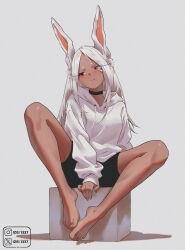 1girl :t absurdres animal_ears barefoot between_legs black_choker black_shorts boku_no_hero_academia choker commentary dark-skinned_female dark_skin english_commentary feet hand_between_legs highres hood hoodie instagram_username izei1337 knees_apart_feet_together long_eyelashes long_hair looking_to_the_side mirko parted_bangs pout rabbit_ears rabbit_girl red_eyes shadow shorts sitting sleeves_past_wrists solo thighs toes twitter_username very_long_hair white_hair white_hoodie