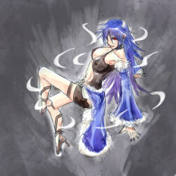 1girl :p aura bio_lab black_choker black_shoes black_shorts black_tank_top blue_cape blue_hair blue_sleeves breasts cape choker cleavage closed_mouth clothing_cutout commentary_request detached_sleeves full_body fur-trimmed_cape fur-trimmed_sleeves fur_trim gertie_wie gradient_hair grey_background high_heels large_breasts long_hair looking_at_viewer looking_to_the_side multicolored_hair navel purple_hair ragnarok_online red_eyes shoes short_shorts shorts smile solo stalker_(ragnarok_online) stomach_cutout tank_top tongue tongue_out very_long_hair waist_cape yukimushi