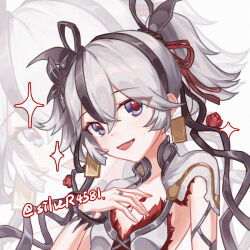 1girl black_flower blake_bloom_(wuthering_waves) blue_eyes breasts camellya_(wuthering_waves) collar earrings flower gold_earrings grey_hair hair_between_eyes hair_flower hair_ornament hair_vines jewelry looking_at_viewer missing_commentary open_mouth red_pupils short_hair silver4581 small_breasts smile solo tacet_mark_(wuthering_waves) twitter_username upper_body white_collar wuthering_waves zoom_layer