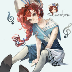 1girl absurdres barcarola_(reverse:1999) bare_shoulders beamed_sixteenth_notes between_legs black_shoes blue_shirt blue_skirt brown_eyes chibi chibi_inset closed_mouth dixie_cup_hat eighth_note foot_out_of_frame hand_between_legs hat head_tilt highres long_braid long_hair looking_at_viewer military_hat miniskirt mole mole_under_eye musical_note musical_note_print on_ground pantyhose red_hair reverse:1999 sailor_collar shirt shoes sitting skirt sleeveless sleeveless_shirt smile solo treble_clef white_hat white_pantyhose wu_fuzuoyong