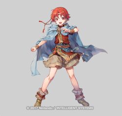 Rule 34 | 1boy, azu-taro, belt, boots, bracelet, cape, circlet, copyright notice, ewan (fire emblem), fire emblem, fire emblem: the sacred stones, fire emblem heroes, full body, grey background, jewelry, male focus, nintendo, official art, open mouth, red eyes, red hair, solo, teeth