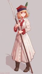 Rule 34 | 1girl, absurdres, alternate costume, arcueid brunestud, blonde hair, boots, breasts, brown boots, commission, devolays, dress, hat, highres, holding, holding scythe, red eyes, scythe, smile, standing, tagme, tsukihime, tsukihime (remake), white dress