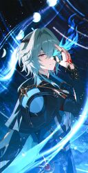 1boy anaxa_(honkai:_star_rail) aqua_coat aqua_eyes aqua_hair ascot black_capelet black_corset black_pants blue_vest capelet chinese_commentary coat commentary_request corset cowboy_shot eye_trail gem gold_trim hair_between_eyes hair_intakes hair_over_one_eye hair_over_shoulder hand_up highres honkai:_star_rail honkai_(series) jewelry light_trail long_hair long_sleeves looking_at_viewer low_ponytail male_focus moon multicolored_eyes multiple_rings night night_sky pants ponytail purple_eyes red_gemstone ring shirt sky sleeve_cuffs sleeveless sleeveless_shirt solo star_(sky) starry_sky two-tone_eyes vest white_ascot white_shirt woodsage88