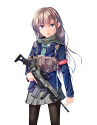 1girl absurdres ammunition_pouch armband assault_rifle bad_id bad_pixiv_id blazer blue_eyes brown_hair cz-805 cz_805_bren dreadtie female_focus gun highres jacket load_bearing_vest long_hair necktie open_mouth original pantyhose pouch rifle safety_pin scarf school_uniform skirt solo student_council_president_(dreadtie) trigger_discipline weapon