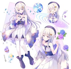 Rule 34 | 1girl, :d, absurdres, bare shoulders, blush, boots, borrowed character, chibi, closed eyes, commentary, cup, cupcake, dress, drinking glass, feathers, flower, food, full body, highres, hydrangea, jacket, long sleeves, looking at viewer, off shoulder, open clothes, open jacket, open mouth, original, own hands together, pantyhose, parted lips, purple boots, simple background, smile, spoon, strapless, strapless dress, tsukiyo (skymint), white background, white dress, white jacket, white pantyhose