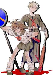 Rule 34 | 2boys, alternate costume, atou haruki, baseball bat, black serafuku, black skirt, blood, blood on clothes, blue sailor collar, brown hair, chinese commentary, closed eyes, closed mouth, commentary request, cropped shirt, crossdressing, delinquent, film grain, full body, hand on own hip, highres, holding, holding baseball bat, isoi reiji, leg warmers, long hair, male focus, medium hair, multiple boys, neck ribbon, neckerchief, pantyhose, pleated skirt, red neckerchief, red ribbon, ribbon, saibou shinkyoku, sailor collar, sailor shirt, school uniform, serafuku, shirt, short hair, short sleeves, skirt, sukeban, trap, white background, white leg warmers, white pantyhose, white shirt, yang ba gao zi