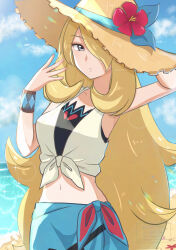 1girl aoneko4ao_(edwf7745) beach blonde_hair blue_sarong blue_sky breasts cloud cynthia_(pokemon) cynthia_(summer_2025)_(pokemon) day flower grey_eyes hair_over_one_eye hat hat_flower highres long_hair looking_at_viewer medium_breasts navel nintendo ocean outdoors pokemon pokemon_masters_ex red_flower sarong shirt sky solo sun_hat tied_shirt very_long_hair