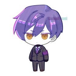 Rule 34 | 1boy, armband, black gloves, black jacket, black pants, chibi, closed mouth, collared shirt, full body, funnibunni, gloves, highres, jacket, lobotomy corporation, looking at viewer, male focus, necktie, pants, project moon, purple armband, purple hair, purple necktie, shirt, short hair, simple background, solo, standing, sweater, turtleneck, turtleneck sweater, white background, white shirt, yellow eyes, yesod (project moon)
