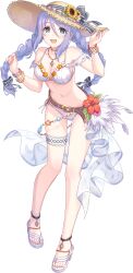 1girl anklet aqua_eyes belt bikini bracelet braid breasts collar collarbone feather_print flower flower_bracelet full_body hair_between_eyes hair_ribbon hat hat_ribbon hibiscus highres jewelry large_breasts long_hair looking_at_viewer navel necklace official_art open_mouth princess_connect! purple_hair ribbon sandals shell shizuru_(princess_connect!) shizuru_(summer)_(princess_connect!) side-tie_bikini_bottom simple_background standing standing_on_one_leg star_(symbol) straw_hat sunflower sunflower_hat_ornament swimsuit tachi-e thigh_strap transparent_background two-tone_ribbon white_bikini white_sandals