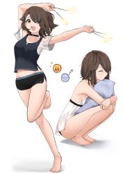 Rule 34 | 1girl, absurdres, alice gunlock, arm up, barefoot, black choker, black shorts, blue hair, blue nails, blush, brown eyes, brown hair, choker, closed eyes, clothing cutout, dolphin shorts, dress, emoji, fav faris, fireworks, from side, full body, hair over one eye, highres, holding, holding fireworks, holding pillow, medium hair, midriff, multicolored hair, multiple views, navel, one eye closed, original, pillow, short shorts, shorts, sleepy, smile, sparkler, squatting, standing, standing on one leg, streaked hair, teeth, upper teeth only, white background, white dress