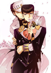 Rule 34 | 2boys, anchor (symbol), bad id, bad pixiv id, black hair, branch, cherry blossoms, cleavage cutout, clothing cutout, diamond is not crash, family, flower, gakuran, hand (symbol), hat, heart, higashikata josuke, hug, hug from behind, jacket, jojo no kimyou na bouken, kuujou joutarou, long coat, male focus, multiple boys, pants, peaked cap, petals, pompadour, school uniform, uncle and nephew, v, white jacket, white pants, willow sage0000