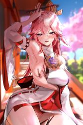 1girl animal_ears arm_under_breasts arm_up blurry blurry_background blush breasts cherry_blossoms chopsticks day detached_sleeves earrings floral_print genshin_impact hair_between_eyes highres holding hominamia japanese_clothes jewelry large_breasts long_hair looking_at_viewer miko outdoors parted_lips pink_eyes pink_hair revision sideboob solo swea tassel thighs tree wide_sleeves yae_miko